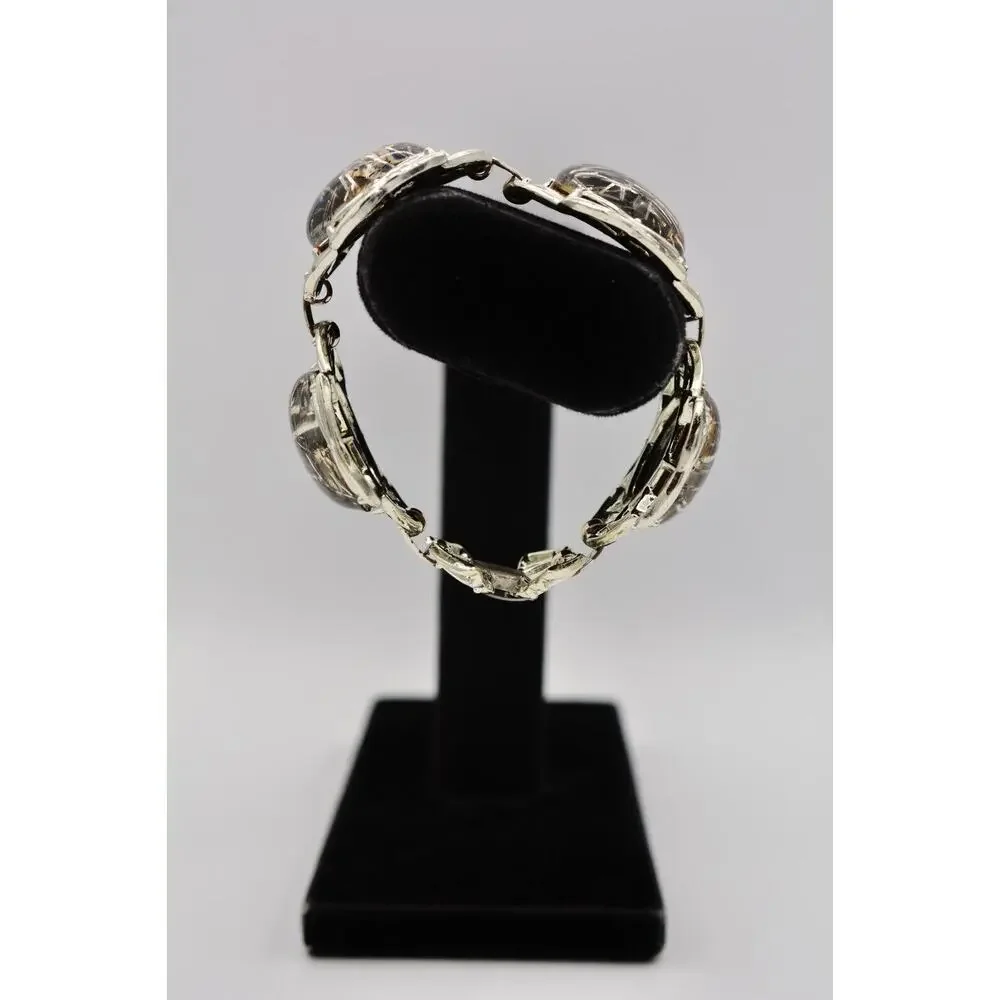 Tara Vintage Lucite Bracelet Chain Chunky Confetti Metallic Silver Signed Bin2